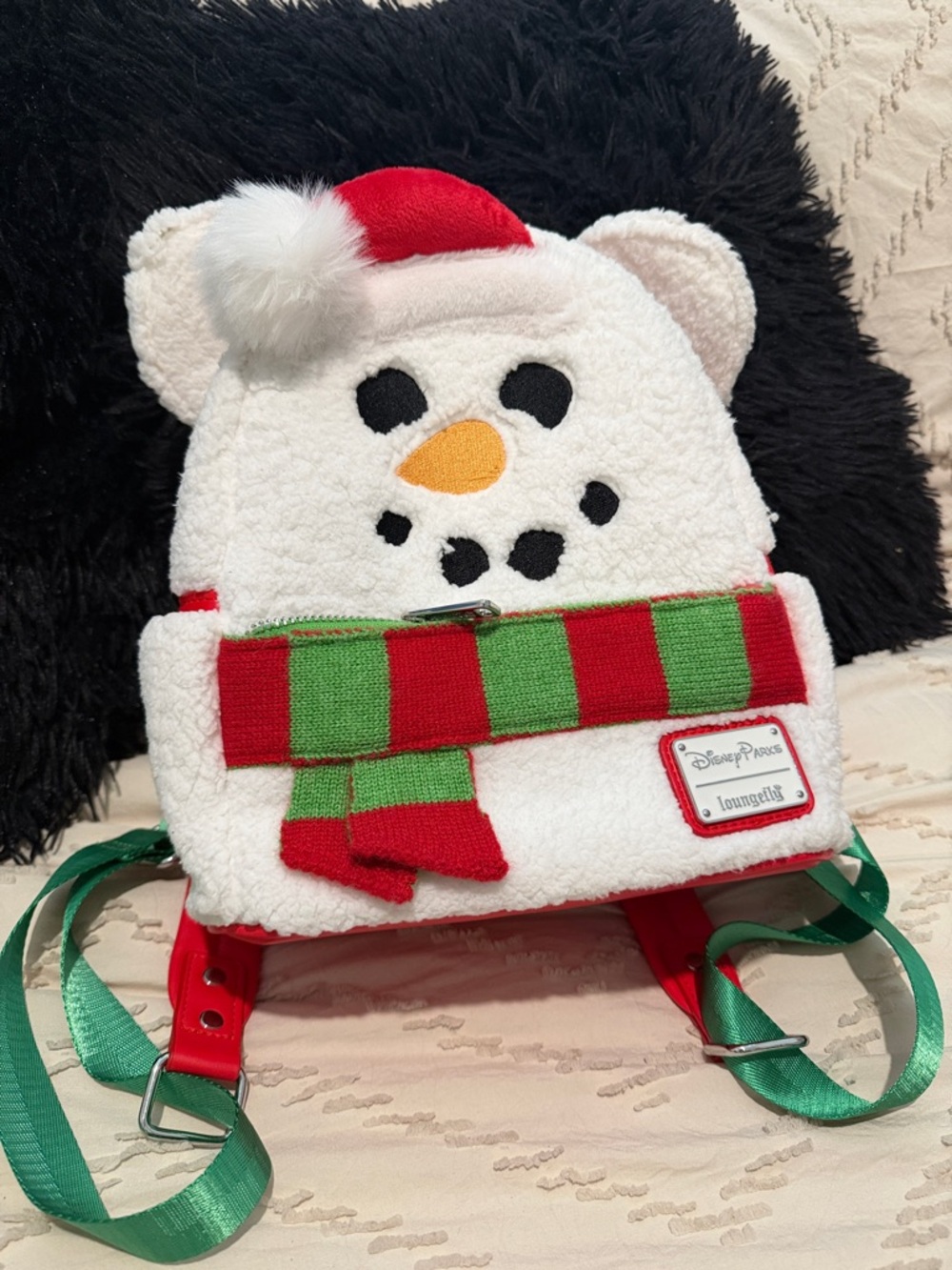 Loungefly White Snowman Mini Backpack with Red and Green Accents